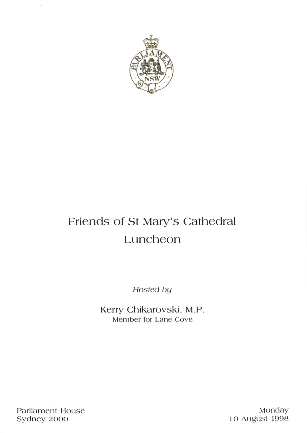 Menu - Luncheon Friends of St Mary&rsquo;s Cathedral, Parliament House - 1998