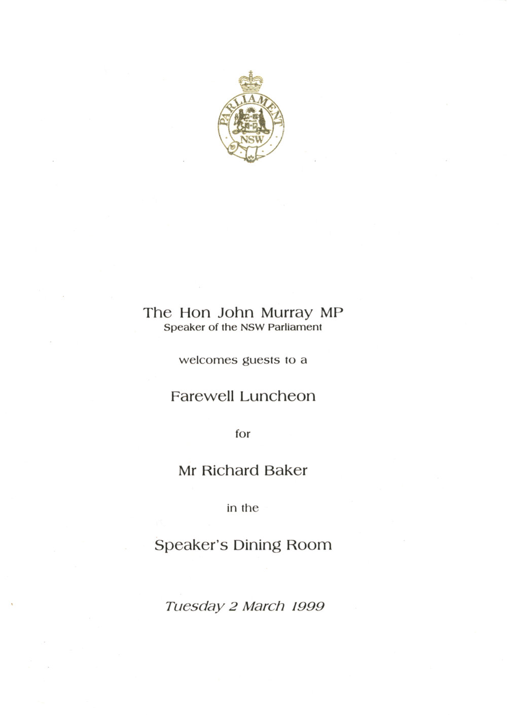 Menu - Luncheon Richard Baker, Parliament House - 1999