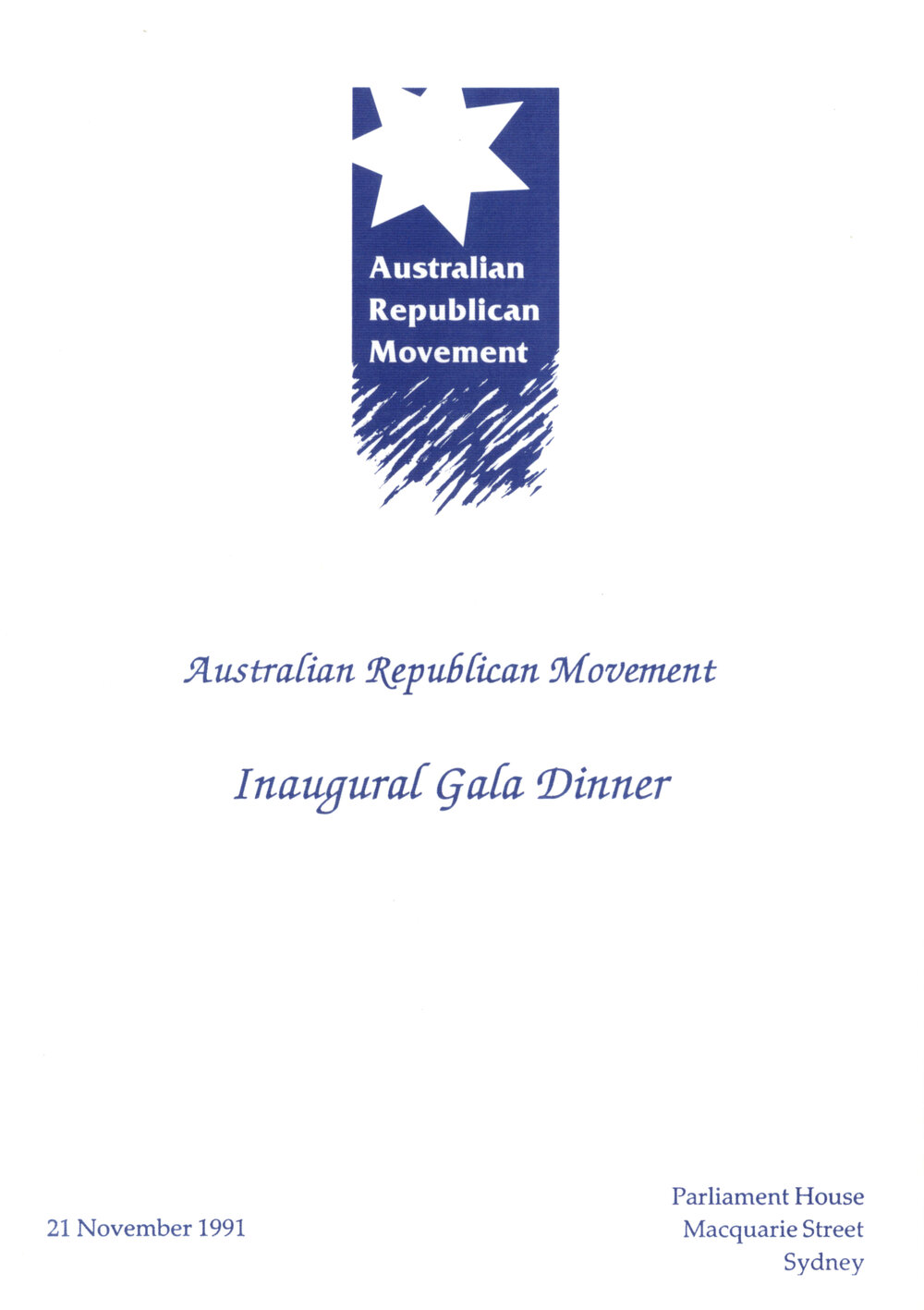 Menu - Dinner Australian Republican Movement, Parliament House - 1991