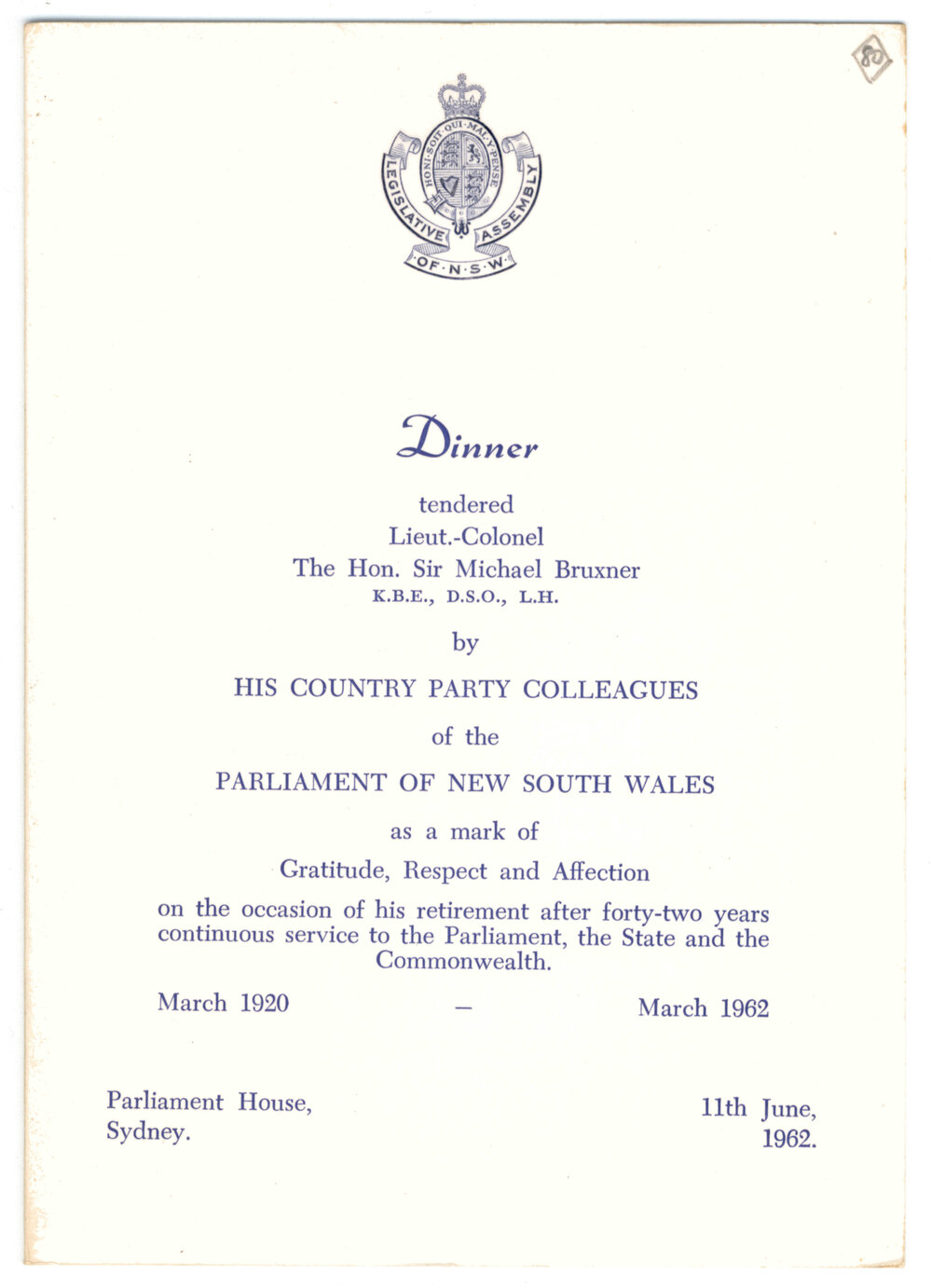 Menu - Dinner Sir Michael Bruxner, Parliament House - 1962