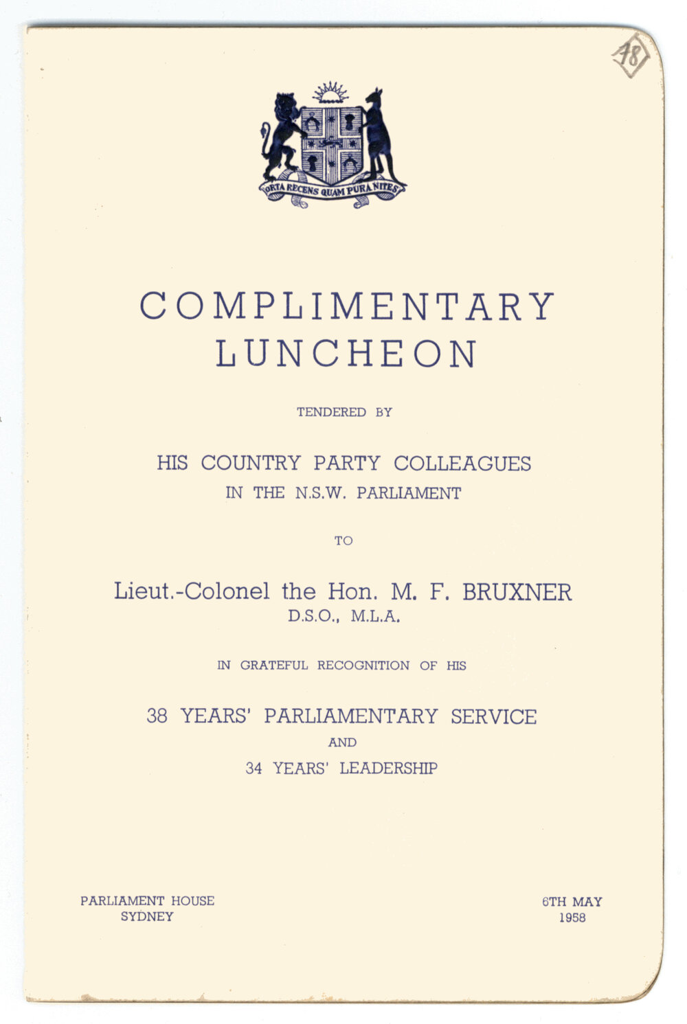 Menu - Luncheon Michael Frederick Bruxner, Parliament House - 1958