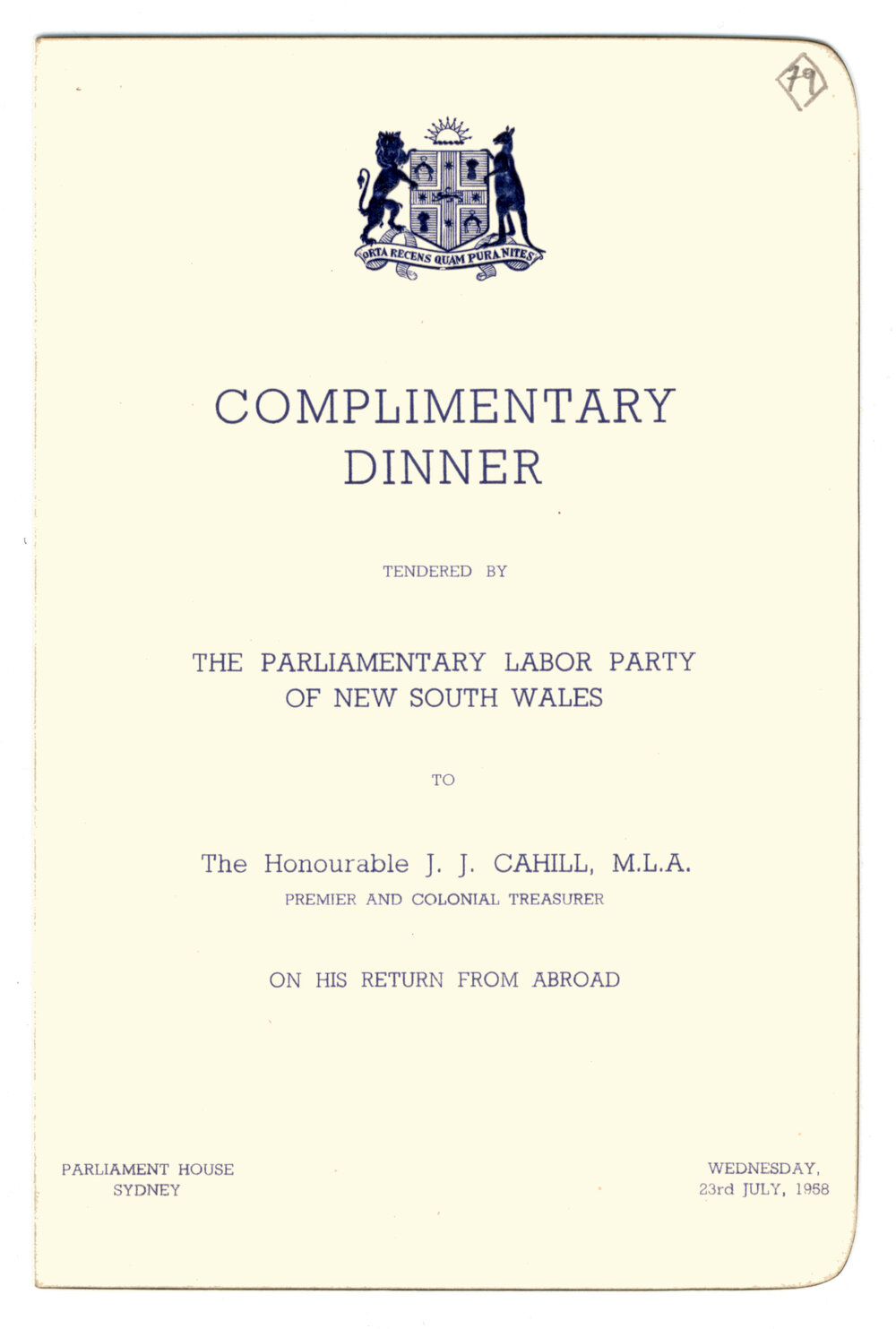 Menu - Dinner John Joseph Cahill, Premier and Colonial Treasurer, Parliament House - 1958