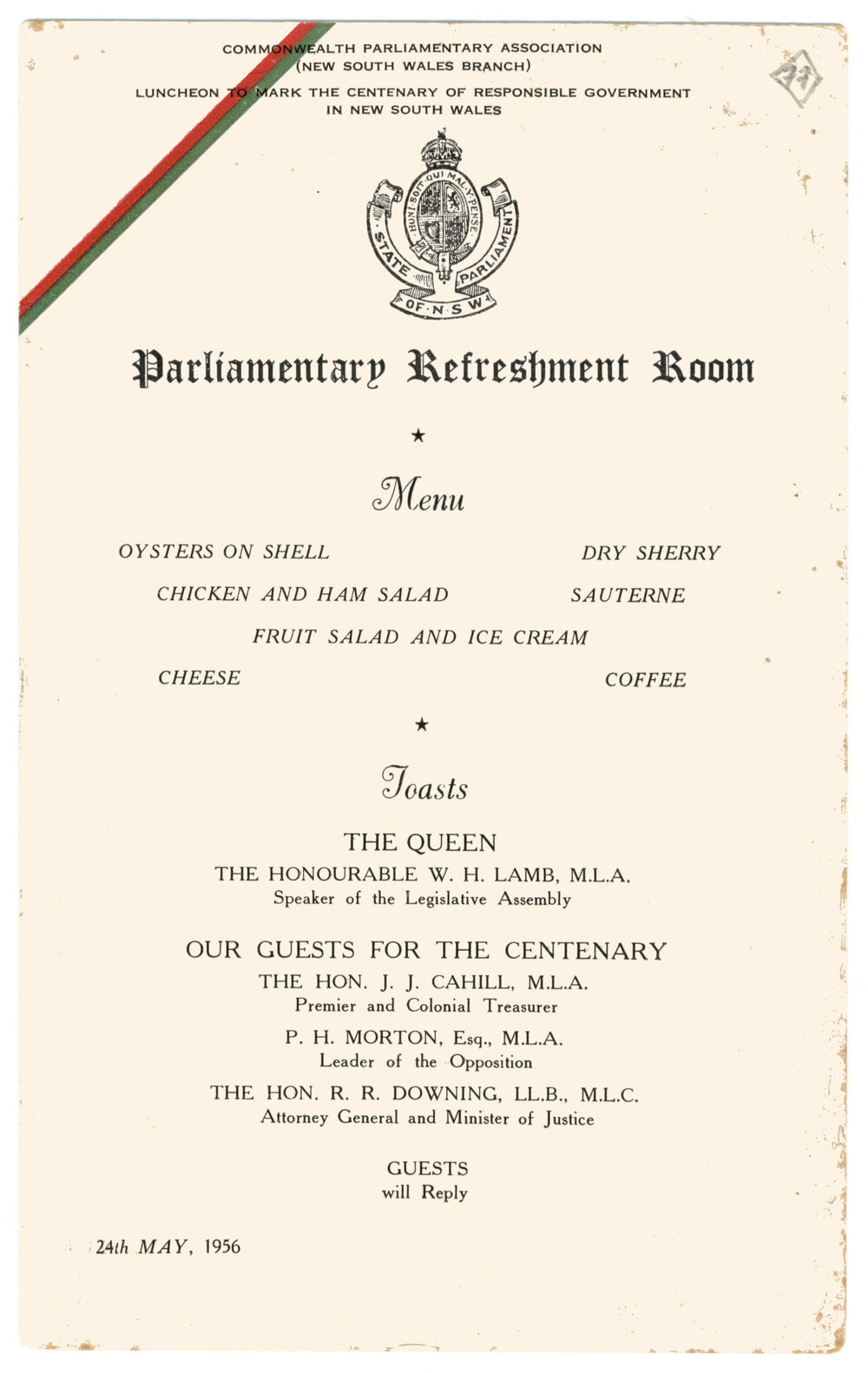 Menu - Luncheon Centenary of Responsible Government in NSW, Parliament House - 1956