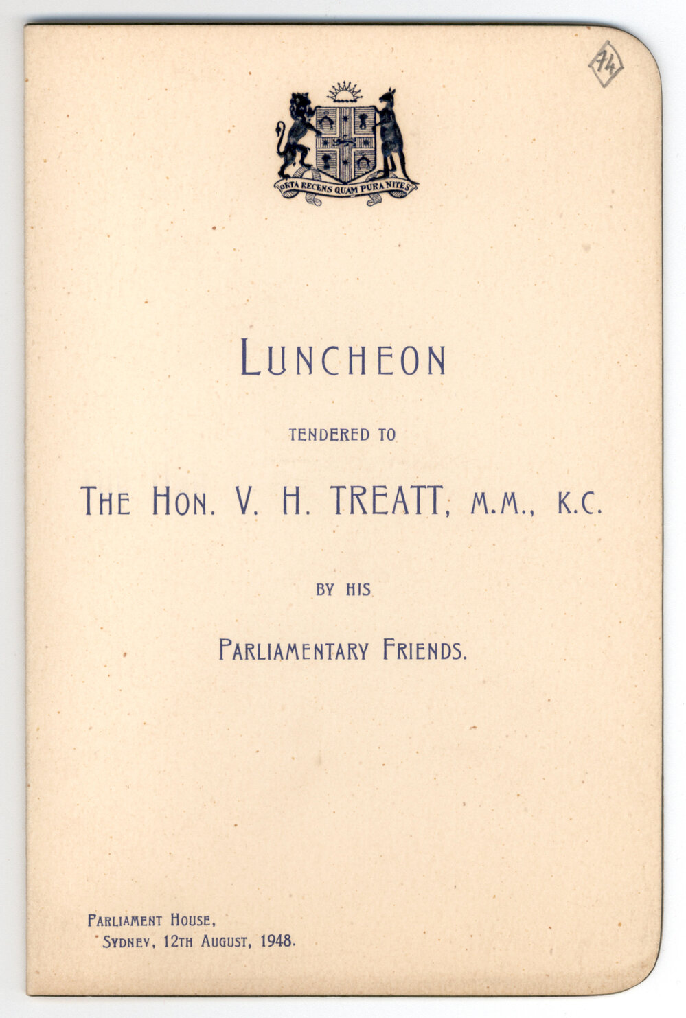 Menu - Luncheon Vernon Haddon Treatt, Parliament House - 1948