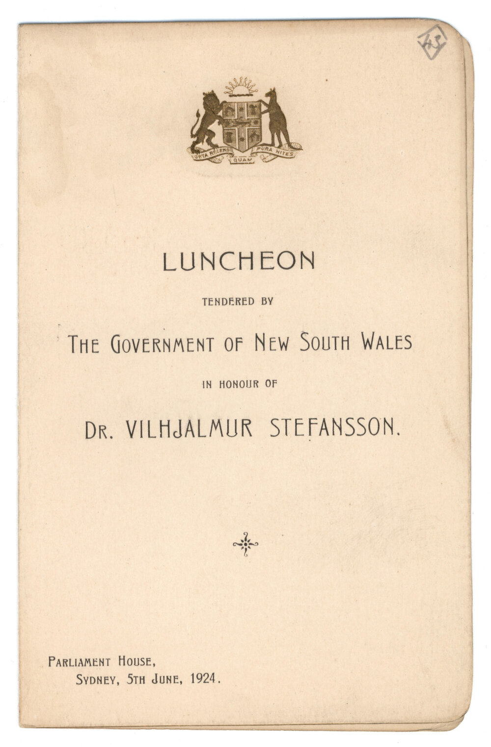 Menu - Luncheon Dr. Vilhjalmur Stefansson Parliament House - 1924