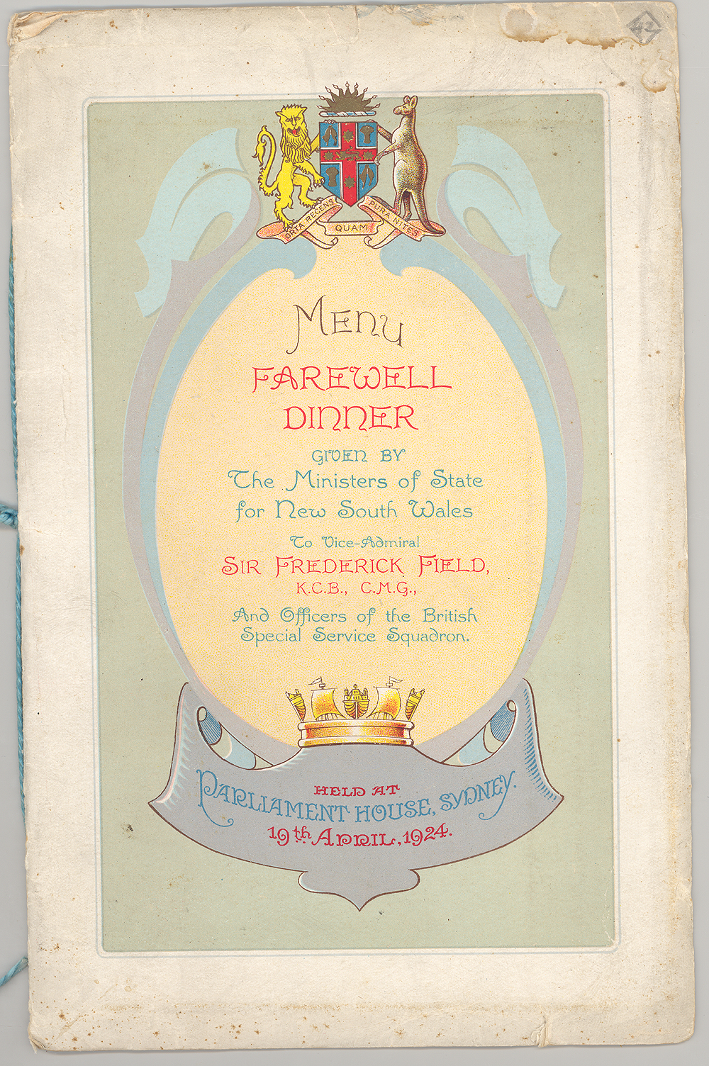 Menu - Dinner, in honour of Vice-Admiral Sir Frederick Field, Parliament House - 1924