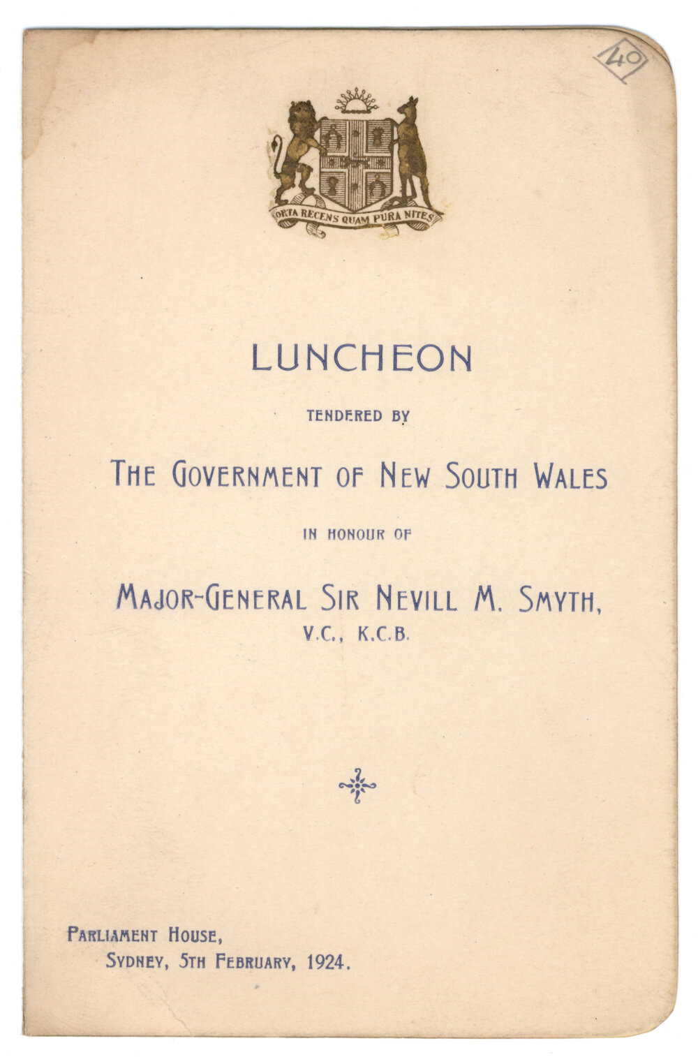 Menu - Luncheon Major-General Sir Nevill M. Smyth, Parliament House - 1924