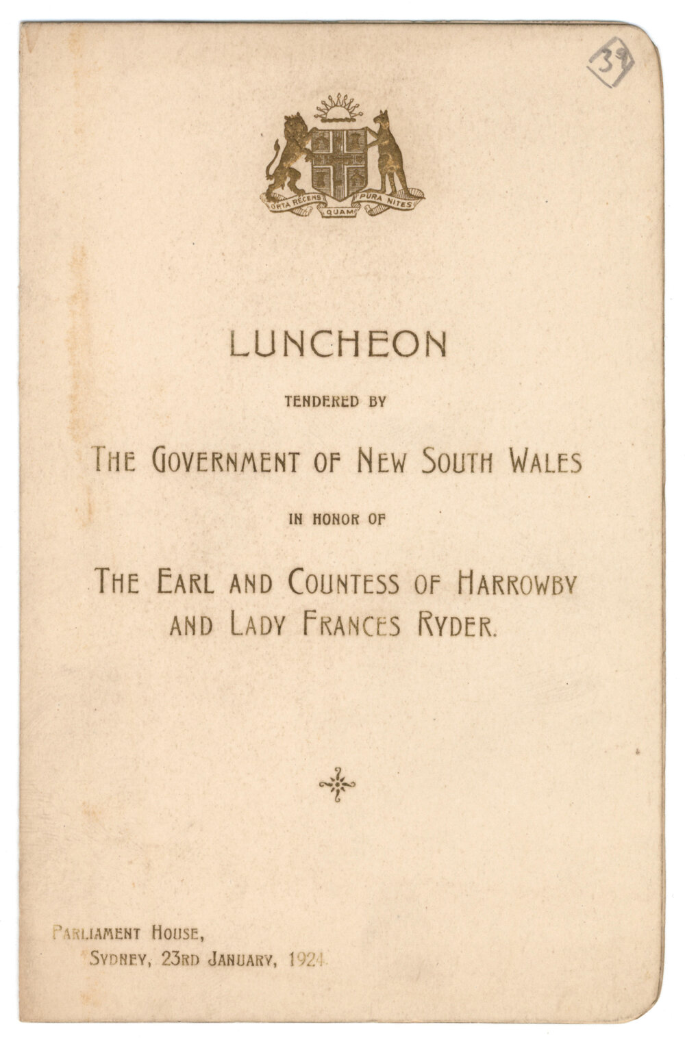 Menu - Luncheon Earl and Countess of Harrowby and Lady Frances Ryder) Parliament House - 1924