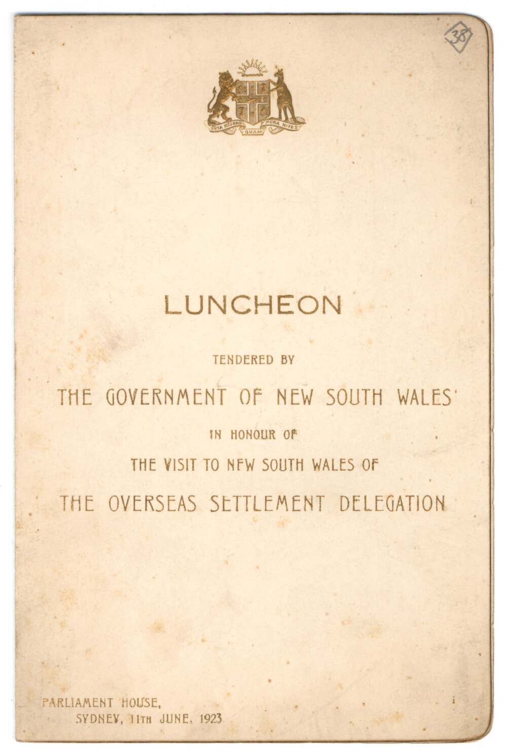 Menu - Luncheon Overseas Settlement Delegation, Parliament House - 1923