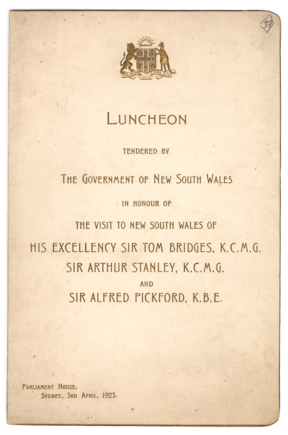 Menu - Luncheon Tom Bridges, Arthur Stanley and Alfred Pickford, Parliament House - 1923