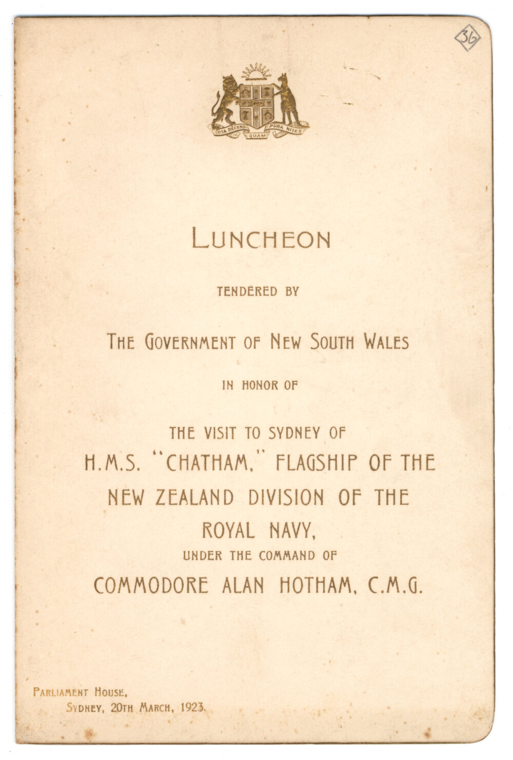 Menu - Luncheon Commodore Alan Hotham, New Zealand Division of the Royal Navy, Parliament House - 1923