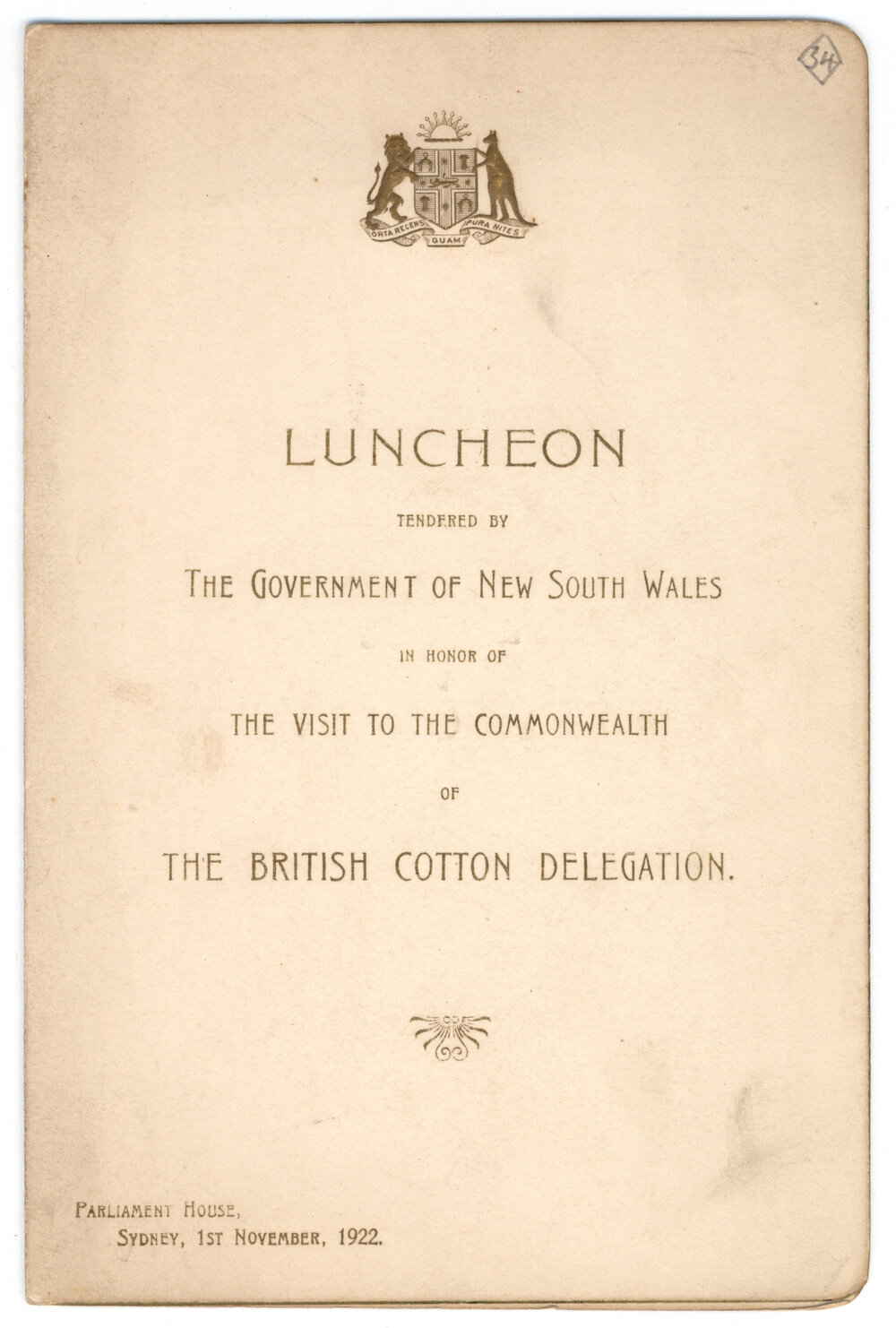 Menu - Luncheon British Cotton Delegation, Parliament House - 1922