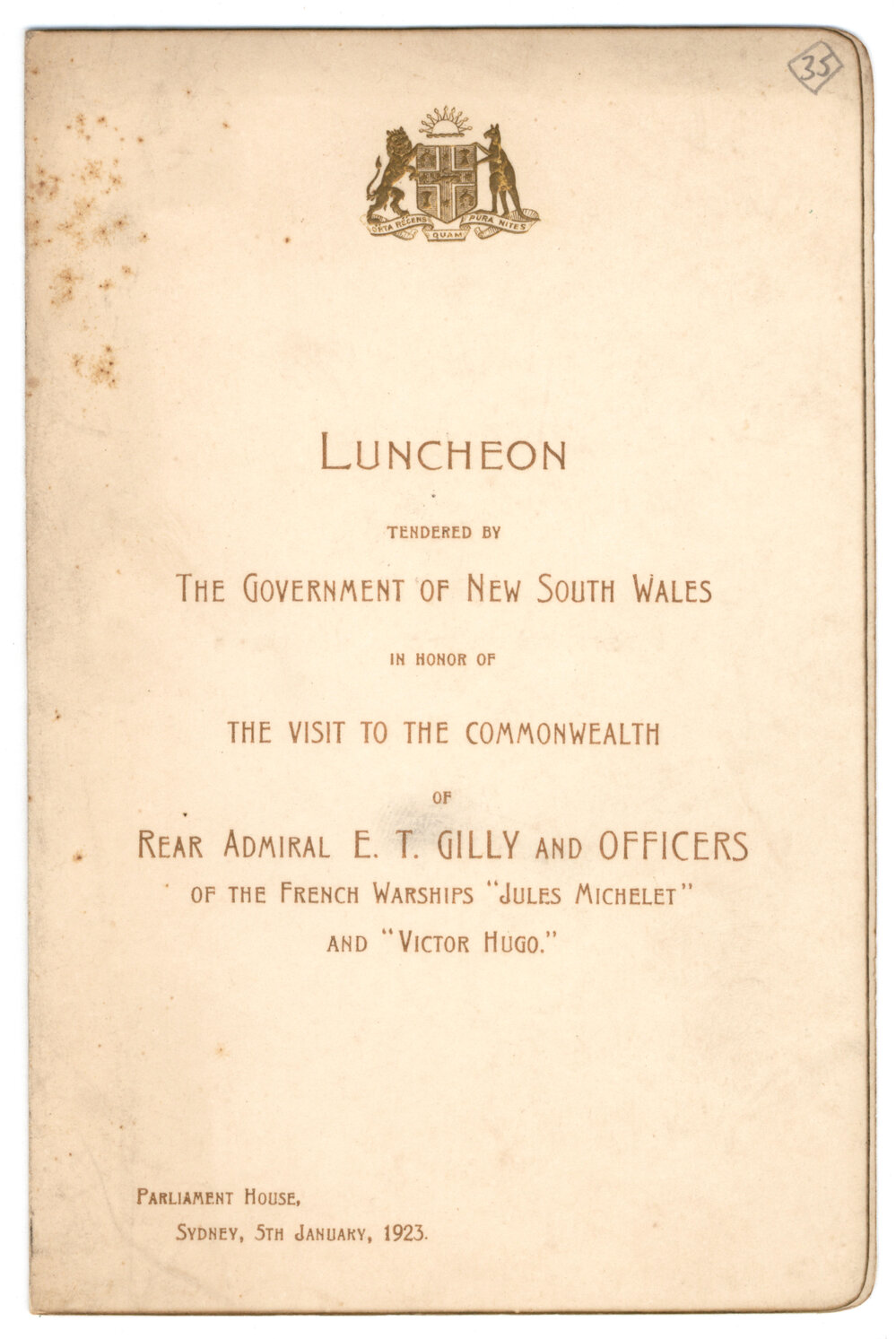 Menu - Luncheon Rear Admiral E.T. Gilly and officers, Parliament House - 1923