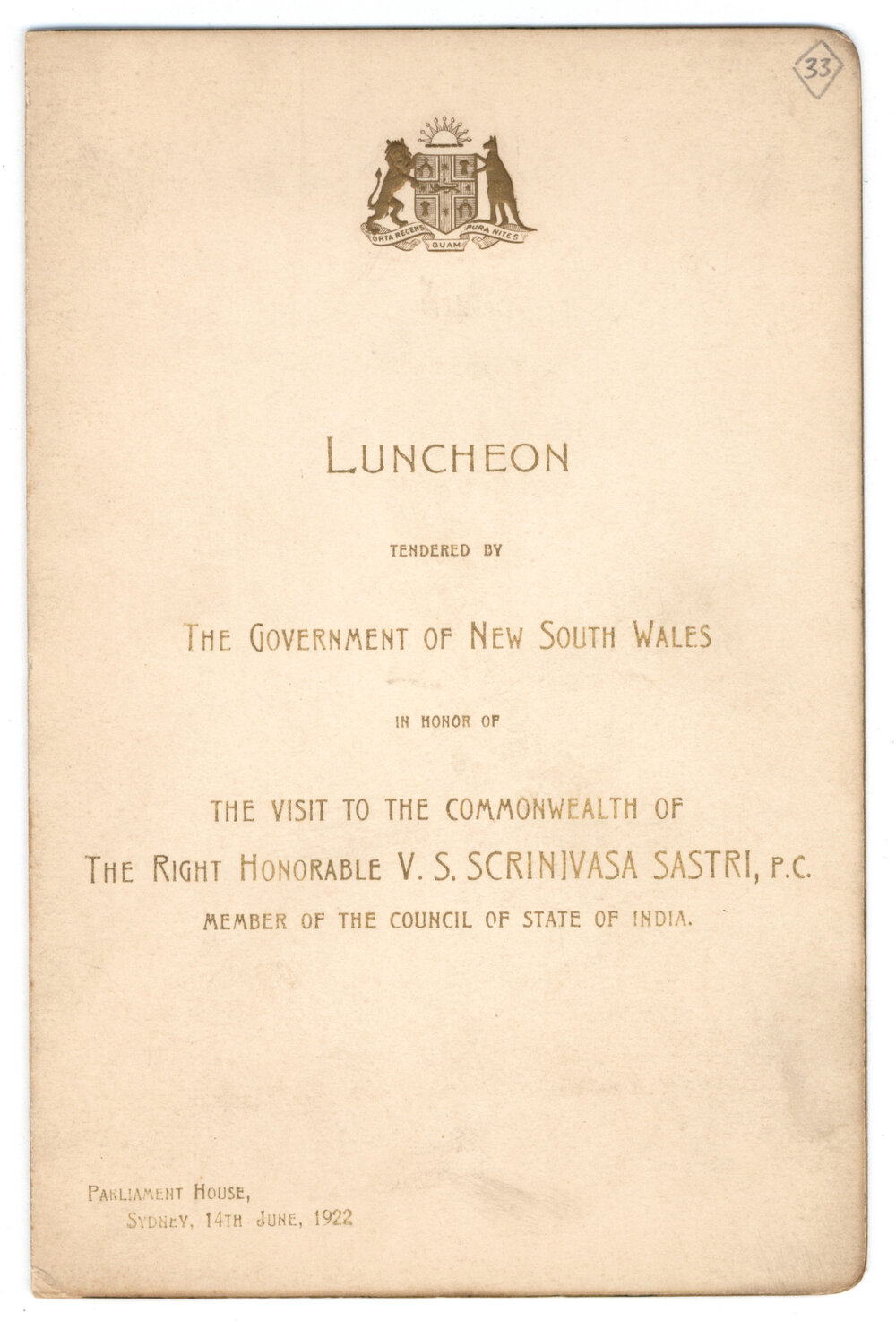 Menu - Luncheon V.S. Scrinivasa Sastri, Council of State of India, Parliament House - 1922