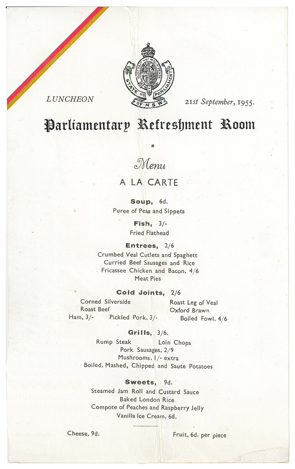 Menu - Luncheon, Parliamentary Refreshment Room - 1955