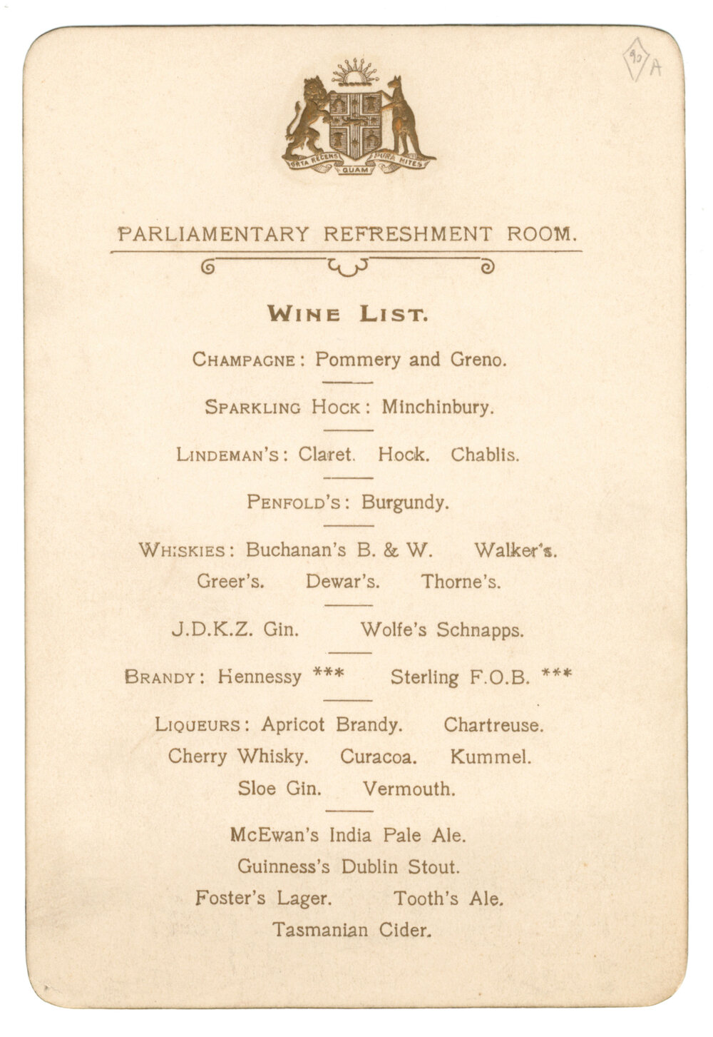 Menu wine list, Parliamentary Refreshment Room