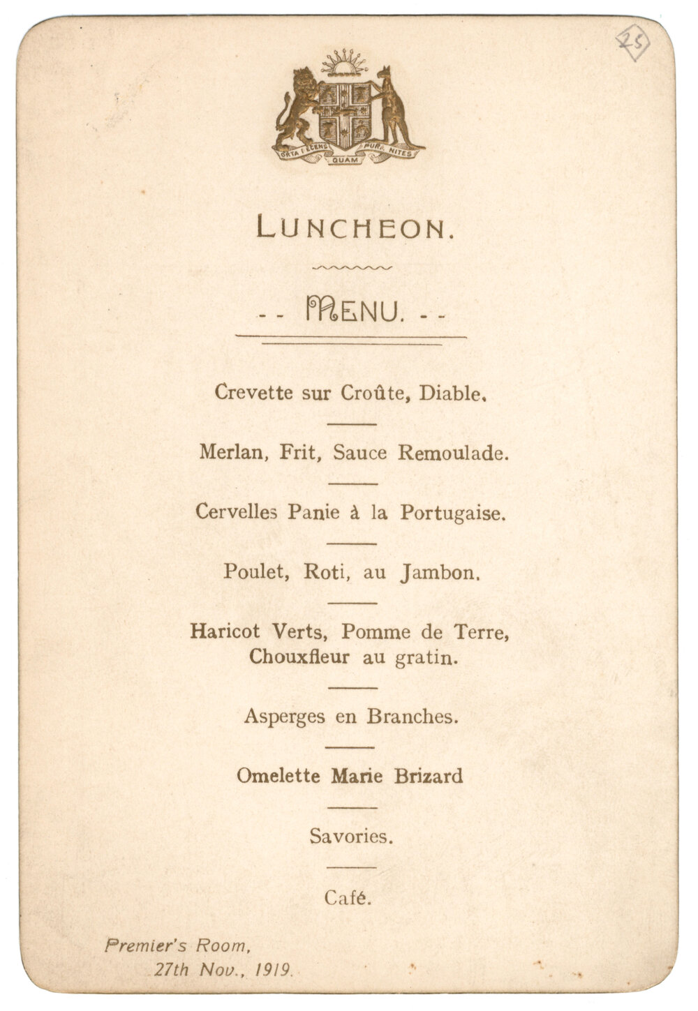 Menu - Luncheon, Premiers Room - 1919