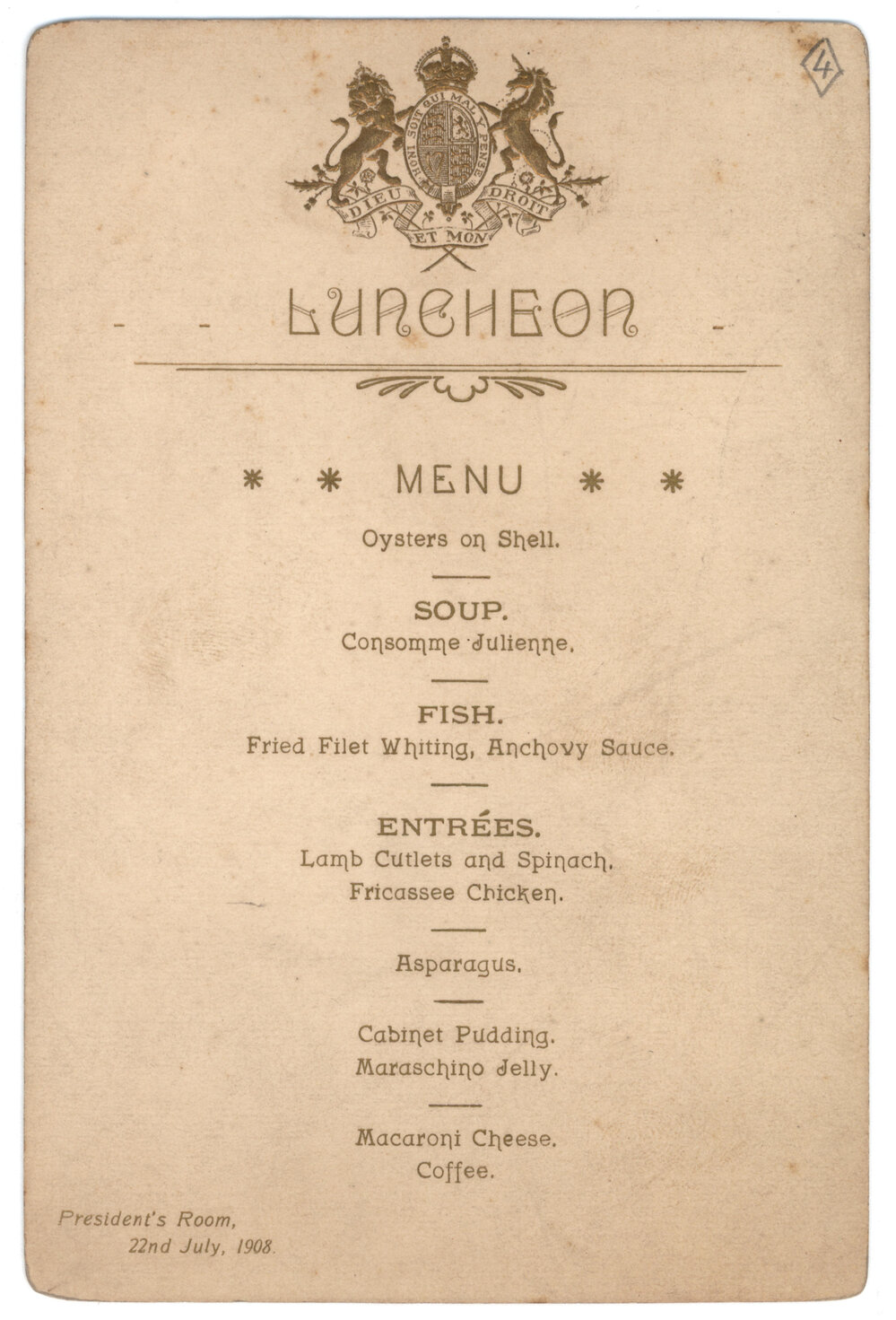 Menu - Luncheon, Presidents Room - 1908