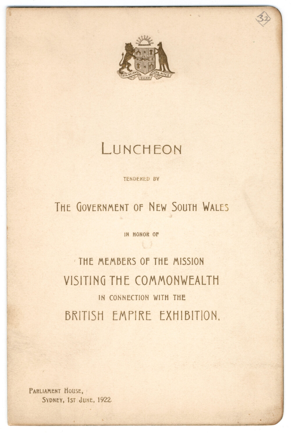 Menu - Luncheon Mission in connection with the British Empire Exhibition, Parliament House - 1922