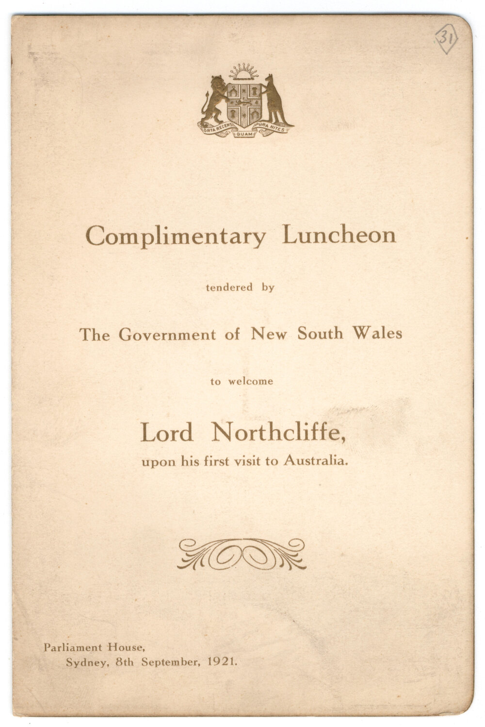 Menu - Luncheon Lord Northcliffe Parliament House - 1921