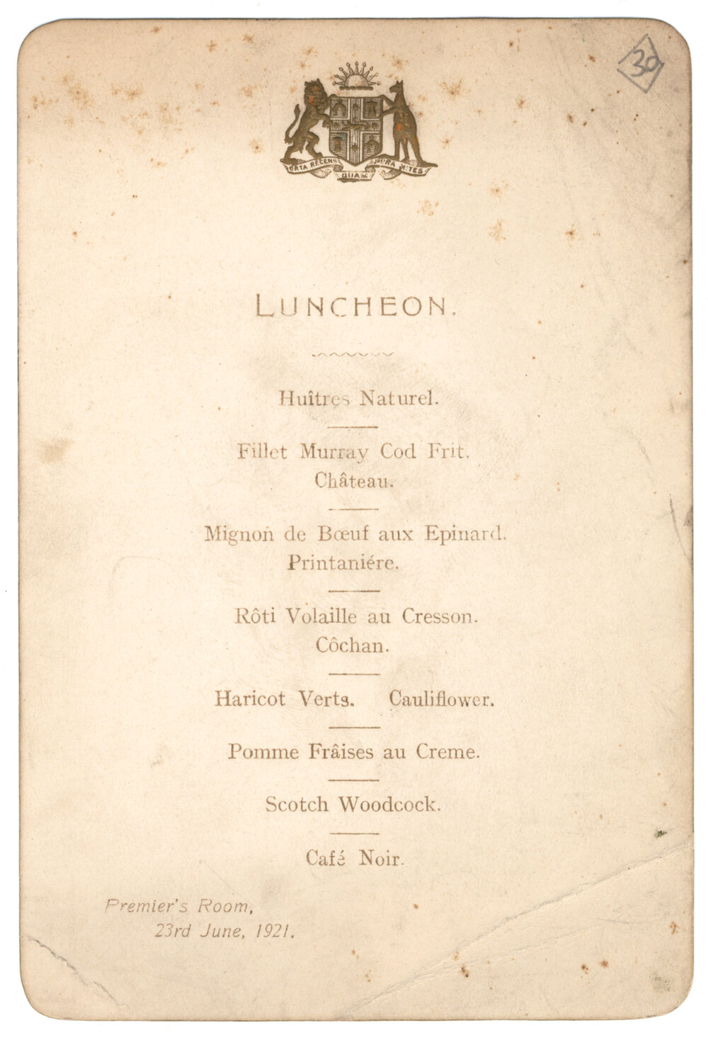 Menu - Luncheon, Premier&rsquo;s Room - 1921