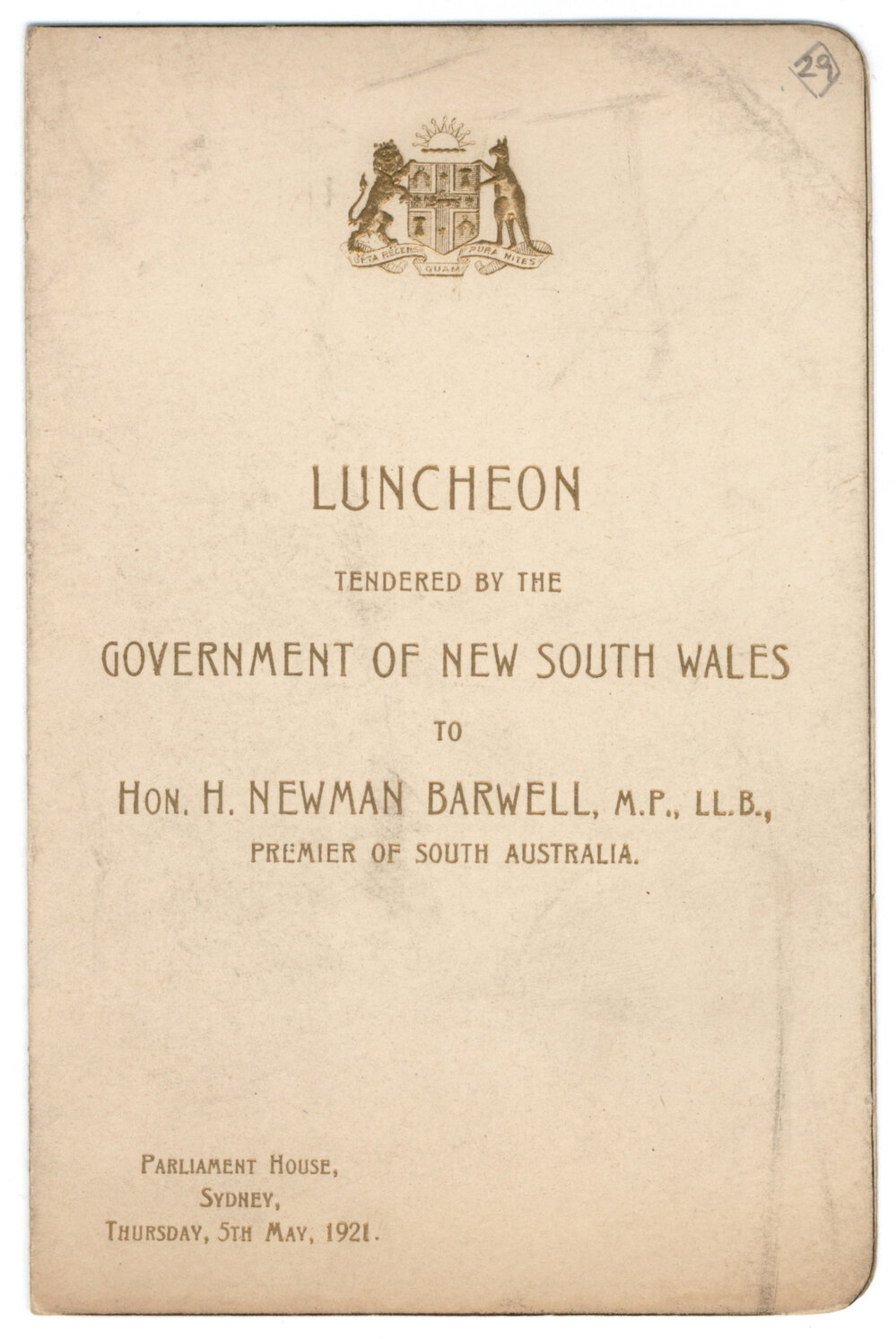 Menu - Luncheon Hon. H. Newman Barwell, Parliament House - 1921