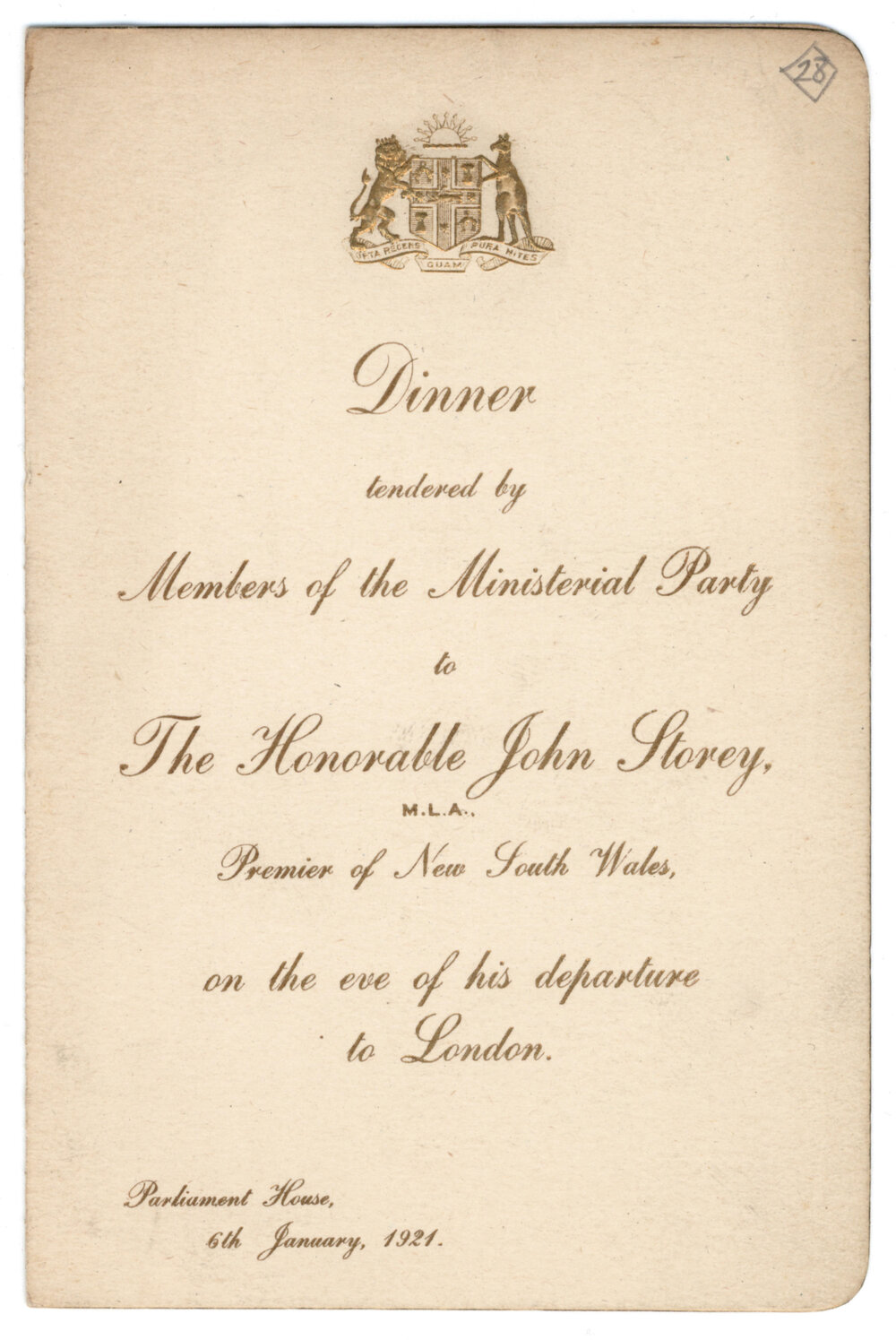 Menu - Dinner Hon. John Storey, Parliament House - 1921