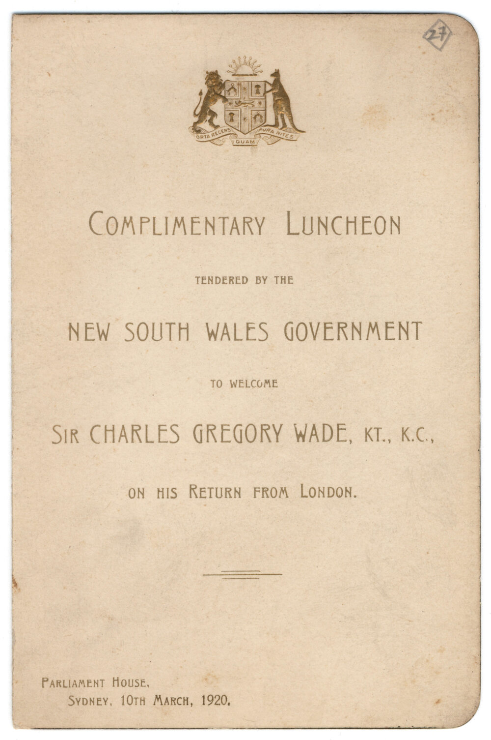 Menu - Luncheon Sir Charles Gregory Wade, Parliament House - 1920