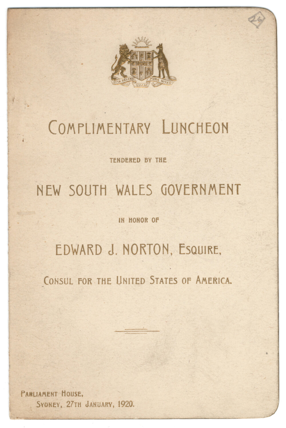 Menu - Luncheon Edward J. Norton, Esquire, Consul for the USA - Parliament House, 1920