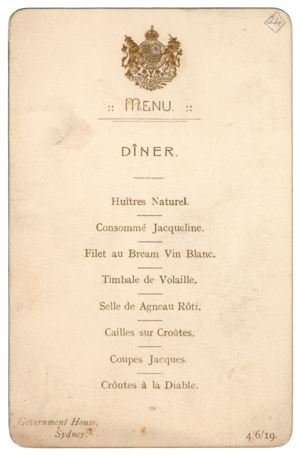 Menu - Dinner, Government House - 1919