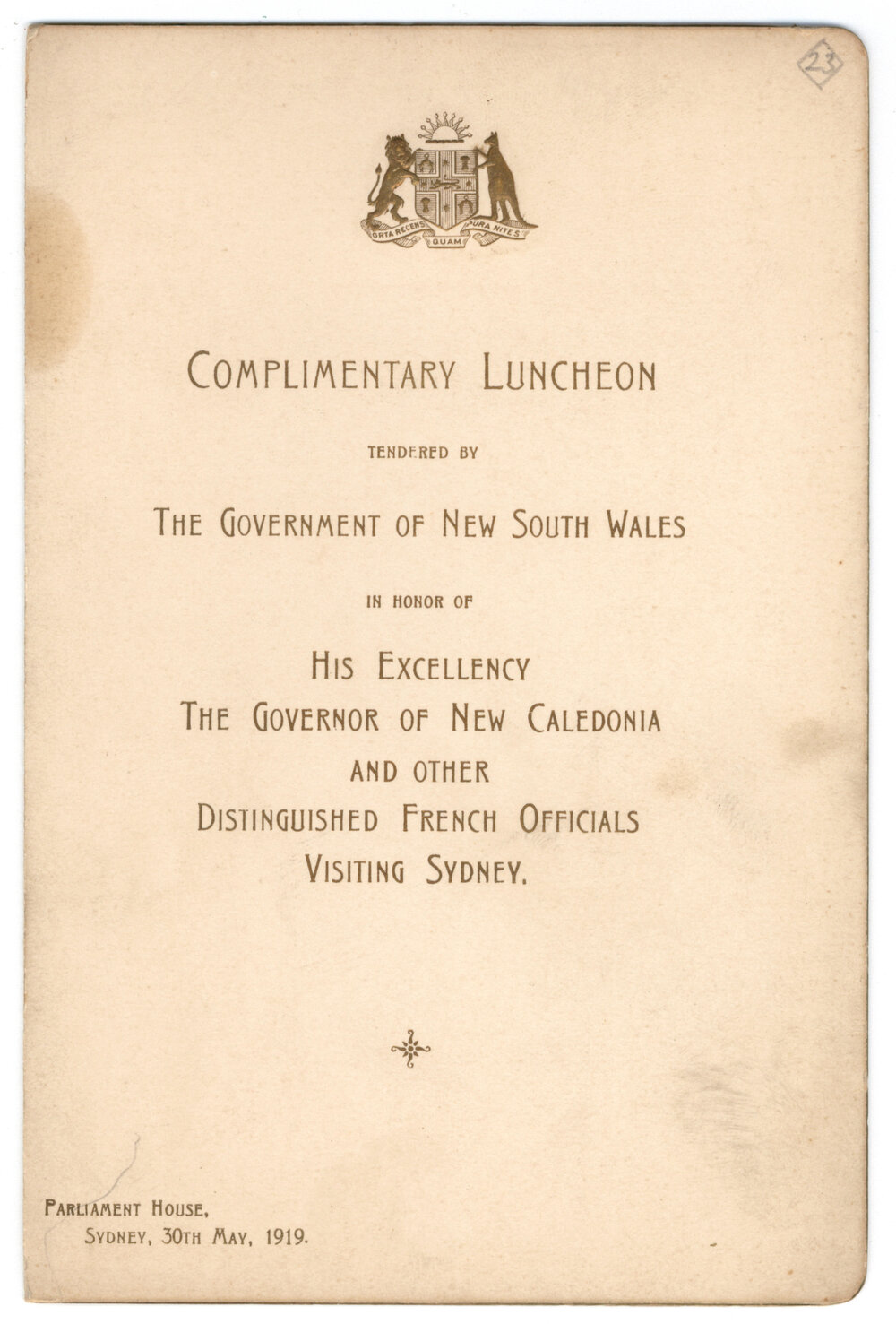 Menu - Luncheon His Excellency The Governor of New Caledonia, Parliament House - 1919