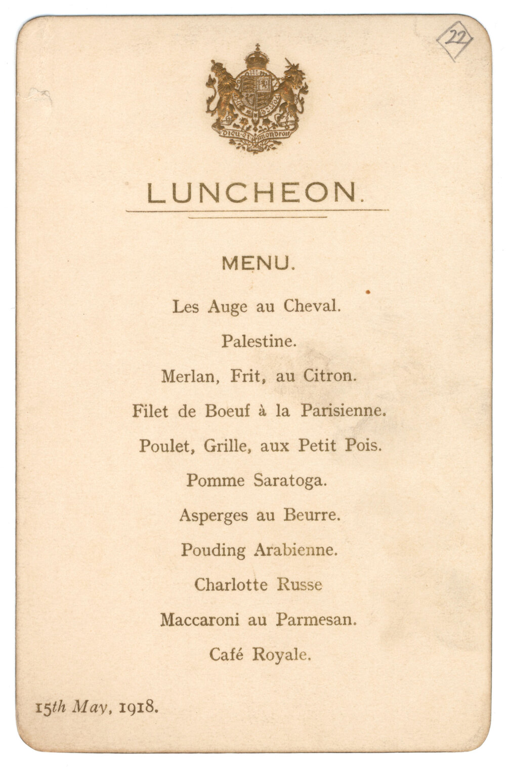 Menu - Luncheon - 1918