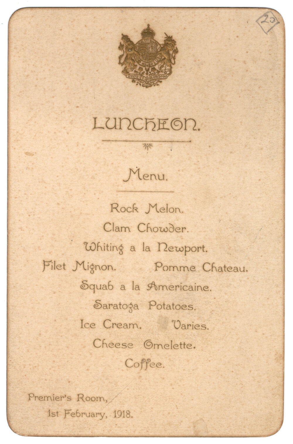 Menu - Luncheon, Premiers Room - 1918