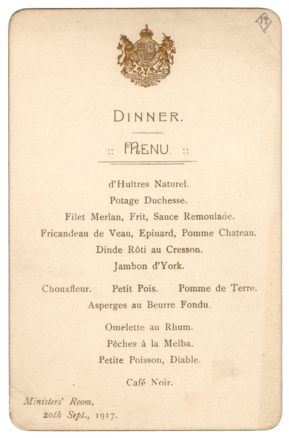 Menu - Dinner, Ministers&rsquo; Room - 1917