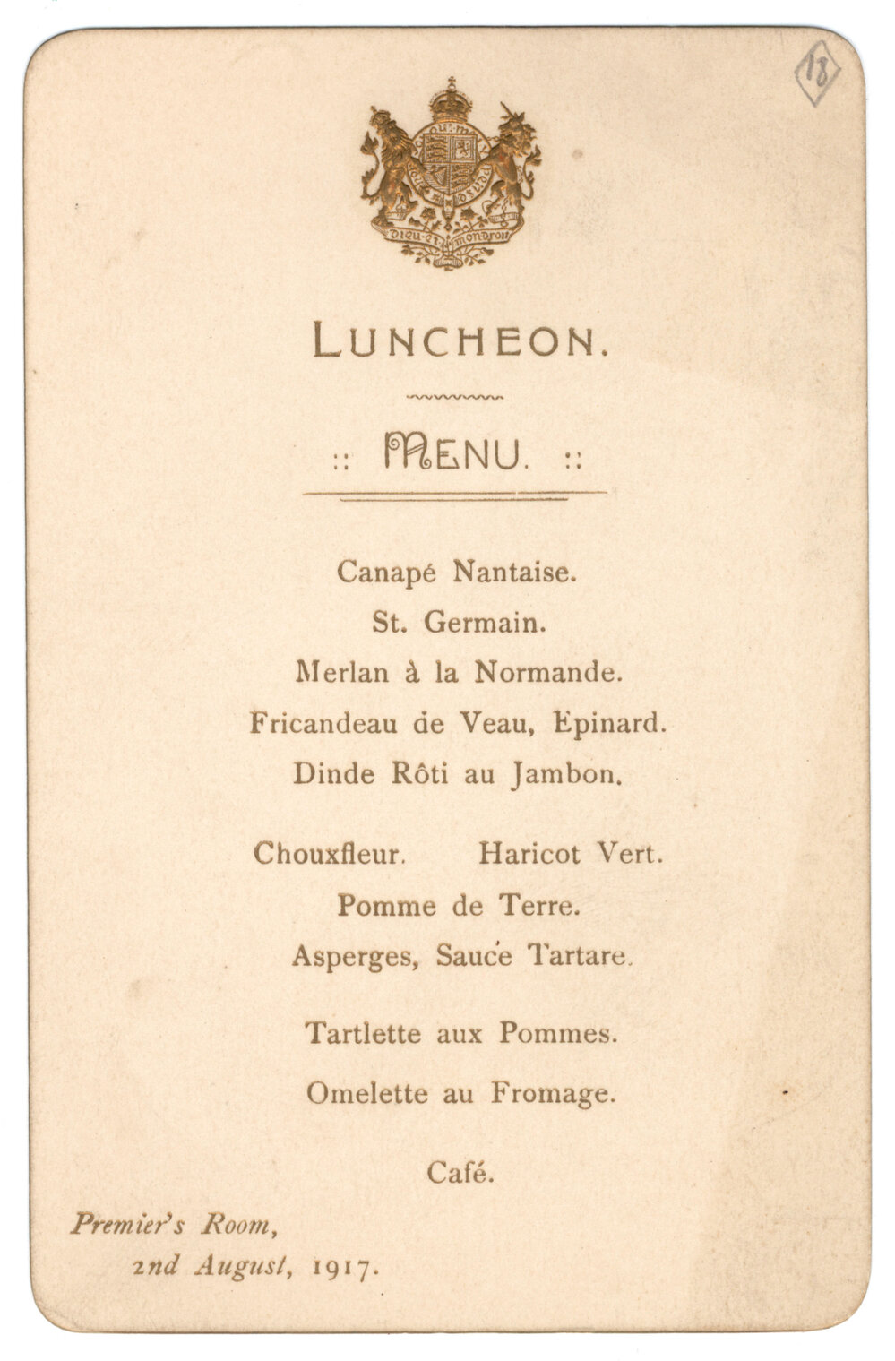 Menu - Luncheon, Premiers Room - 1917