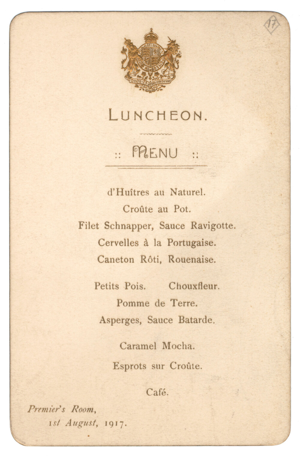 Menu - Luncheon, Premiers Room - 1917