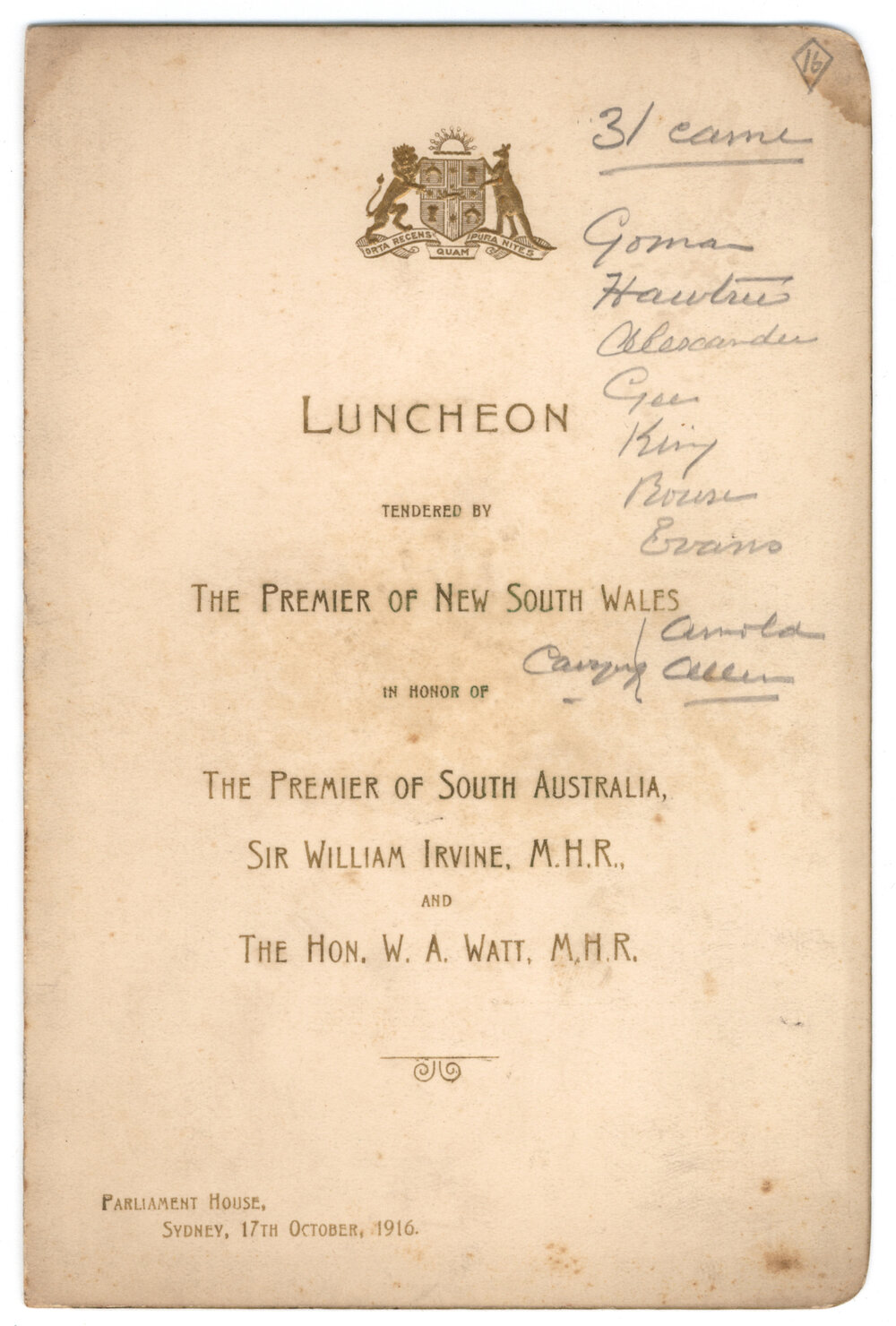 Menu - Luncheon William Irvine and William Alexander Watt, Parliament House - 1916