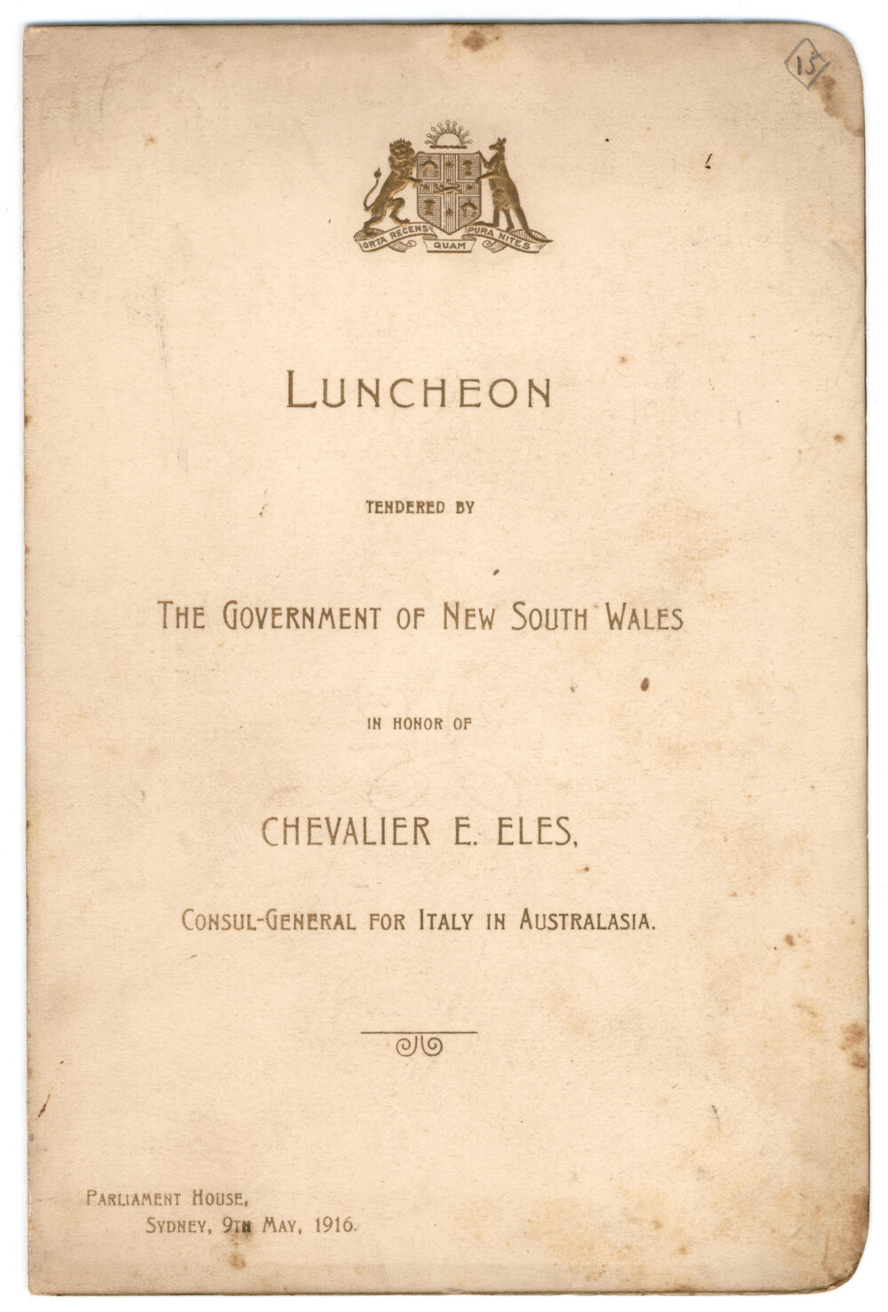 Menu - Luncheon Chevalier E. Eles, Parliament House - 1916