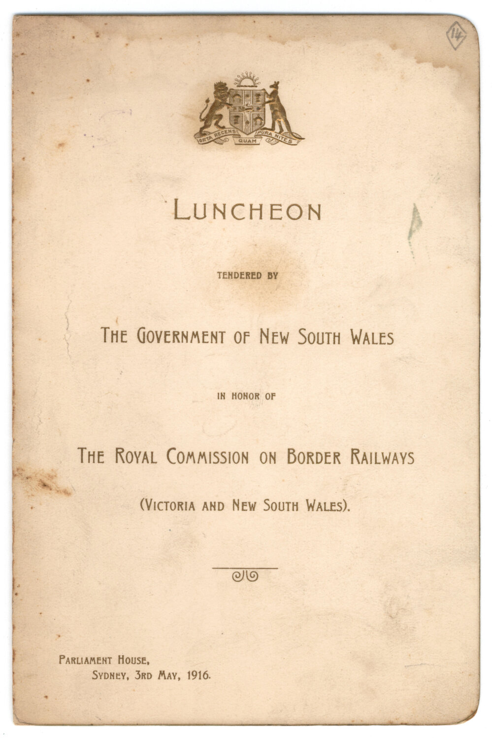 Menu - Luncheon Royal Commission on Border Railways, Parliament House - 1916