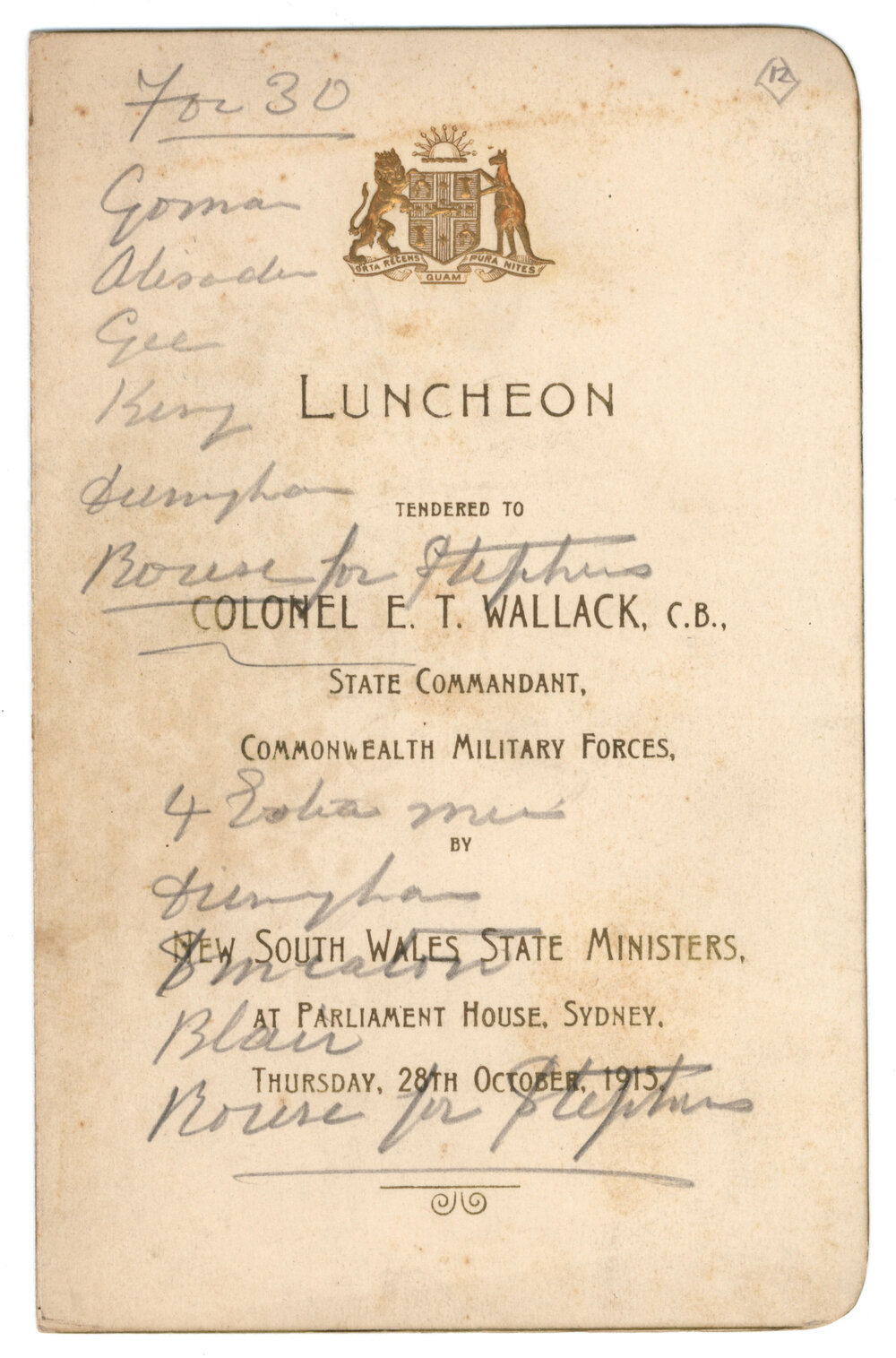 Menu - Luncheon Colonel Ernest Townshend Wallack, Parliament House - 1915