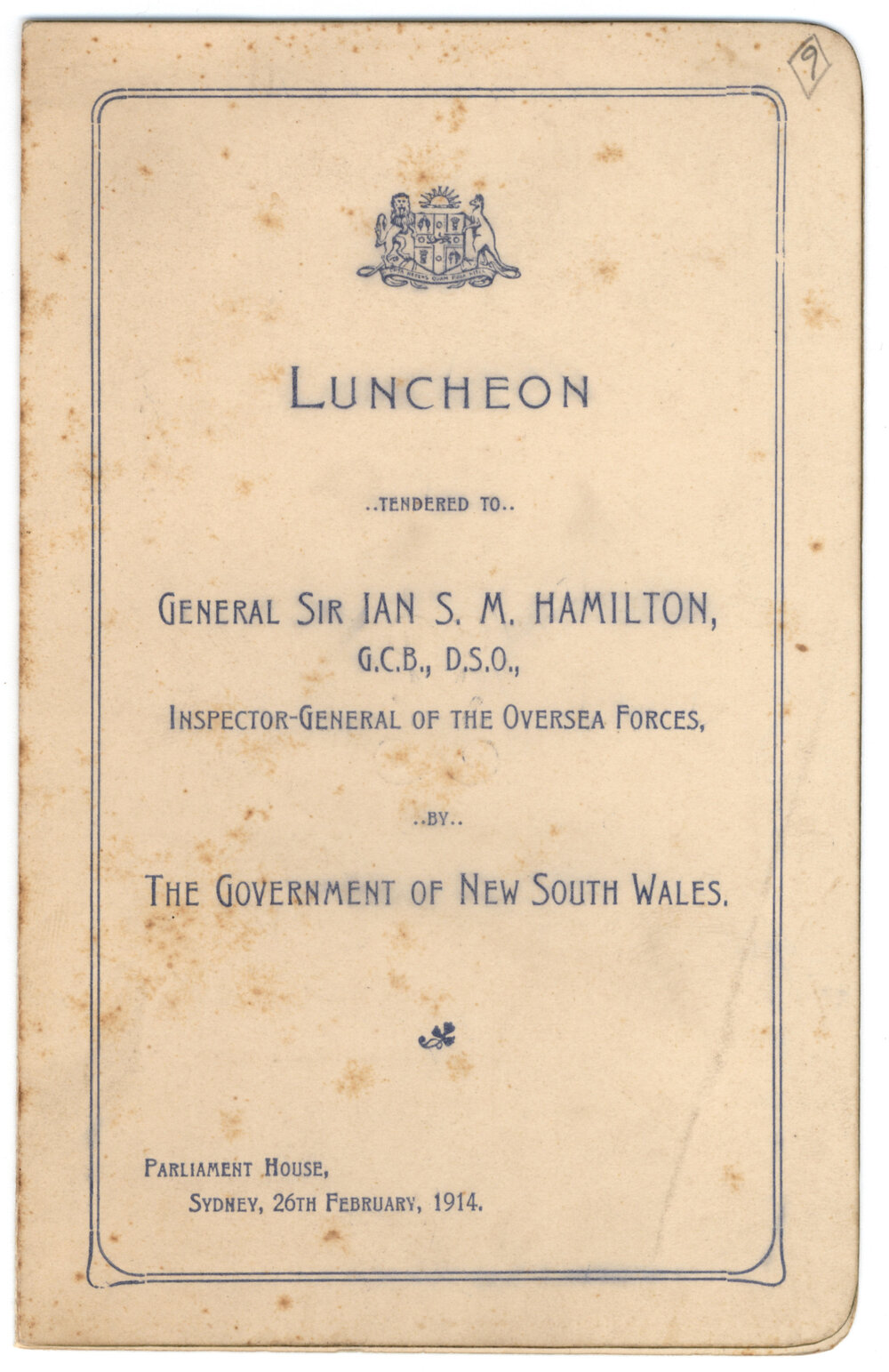 Menu - Luncheon Sir Ian Standish Monteith Hamilton, Parliament House - 1914