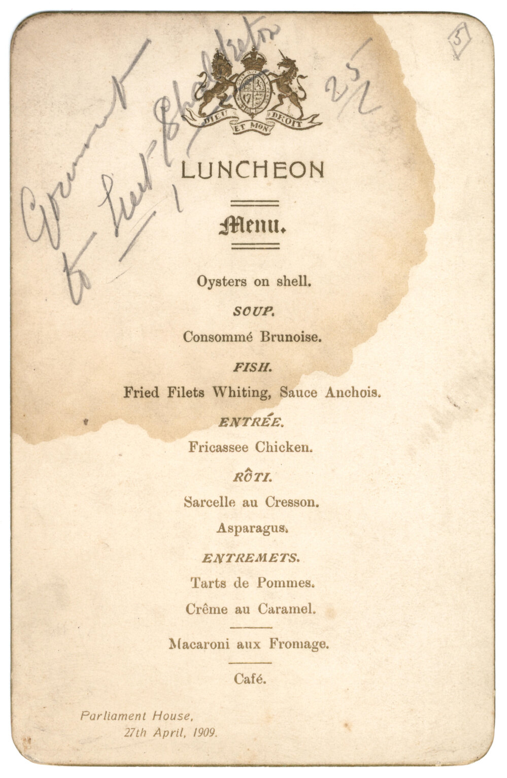 Menu - Luncheon, Parliament House - 1909