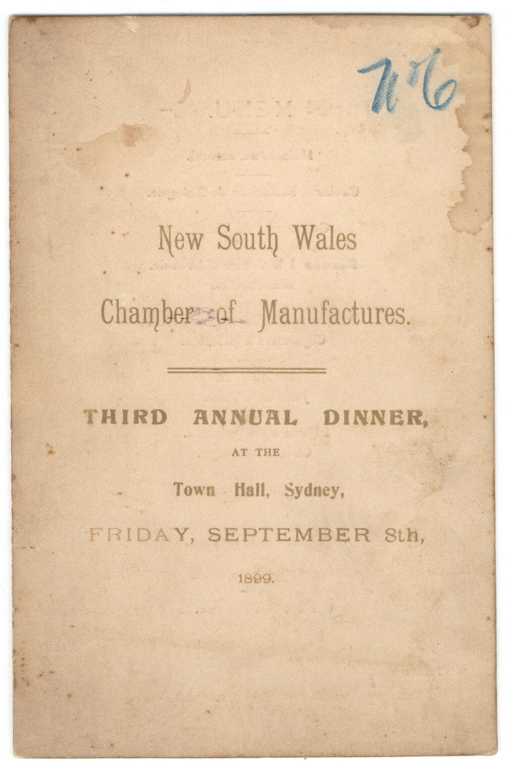 Menu - Dinner NSW Chamber of Manufactures, Town Hall, Sydney - 1899