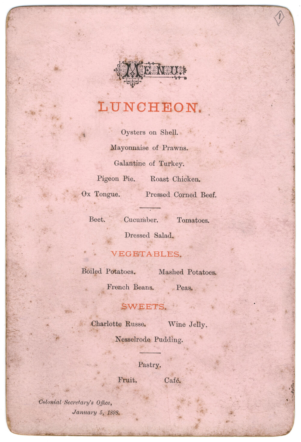 Menu - Luncheon, Colonial Secretarys Office - 1898