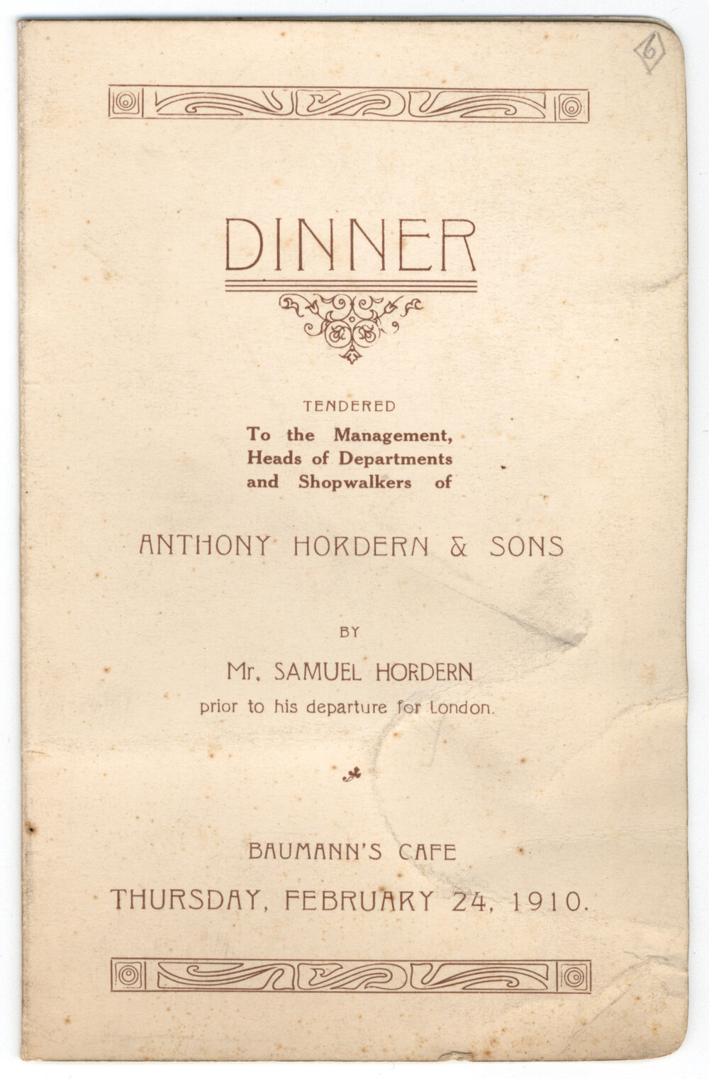 Menu - Dinner, Anthony Hordern &amp; Sons, Baumann&rsquo;s Cafe - 1910