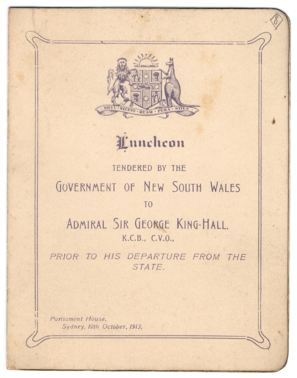 Menu - Luncheon Admiral Sir George King-Hall, Parliament House - 1913