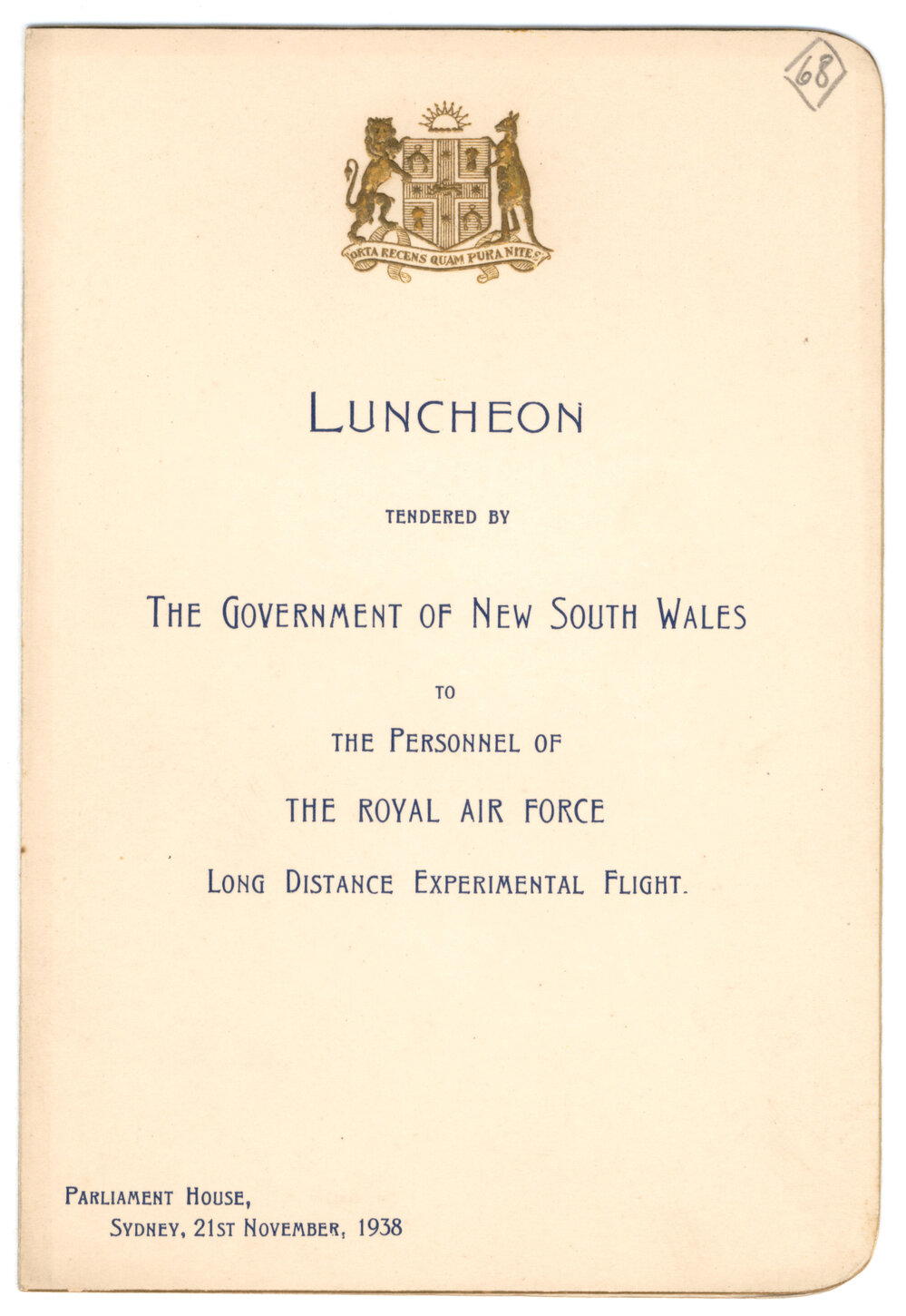 Menu - Luncheon Royal Air Force, Long Distance Experimental Flight, Parliament House - 1938