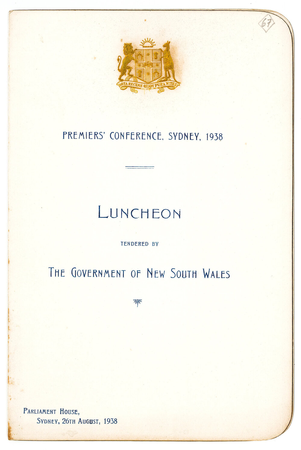 Menu - Luncheon Premiers Conference, Sydney, Parliament House - 1938