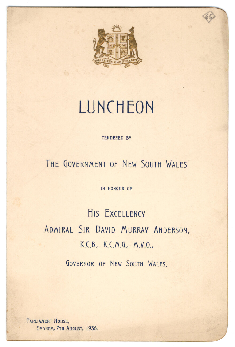 Menu - Luncheon David Murray Anderson, Governor of New South Wales, Parliament House - 1936