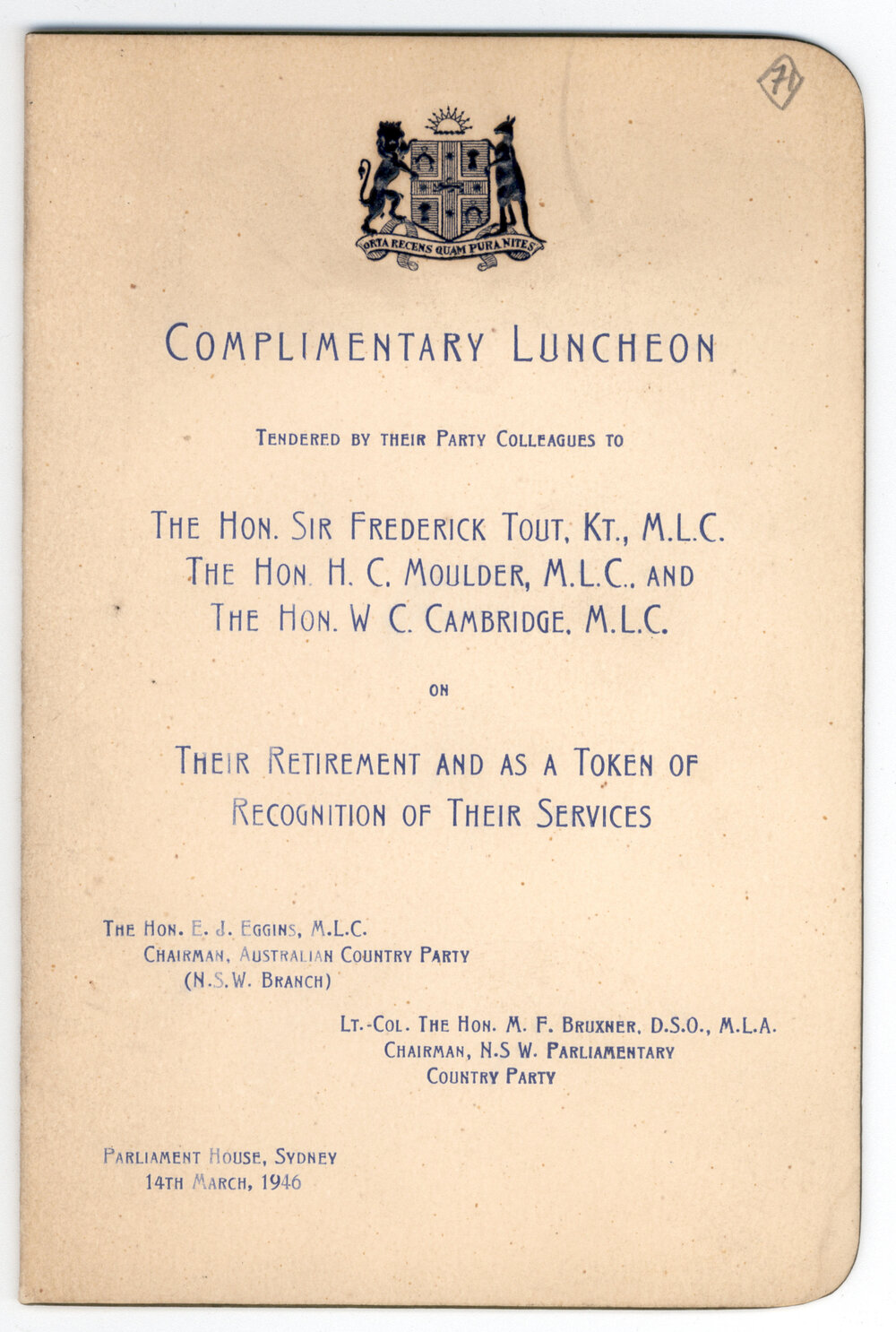 Menu - Luncheon Frederick Tout, Henry Moulder, Walter Cambridge, Parliament House - 1946